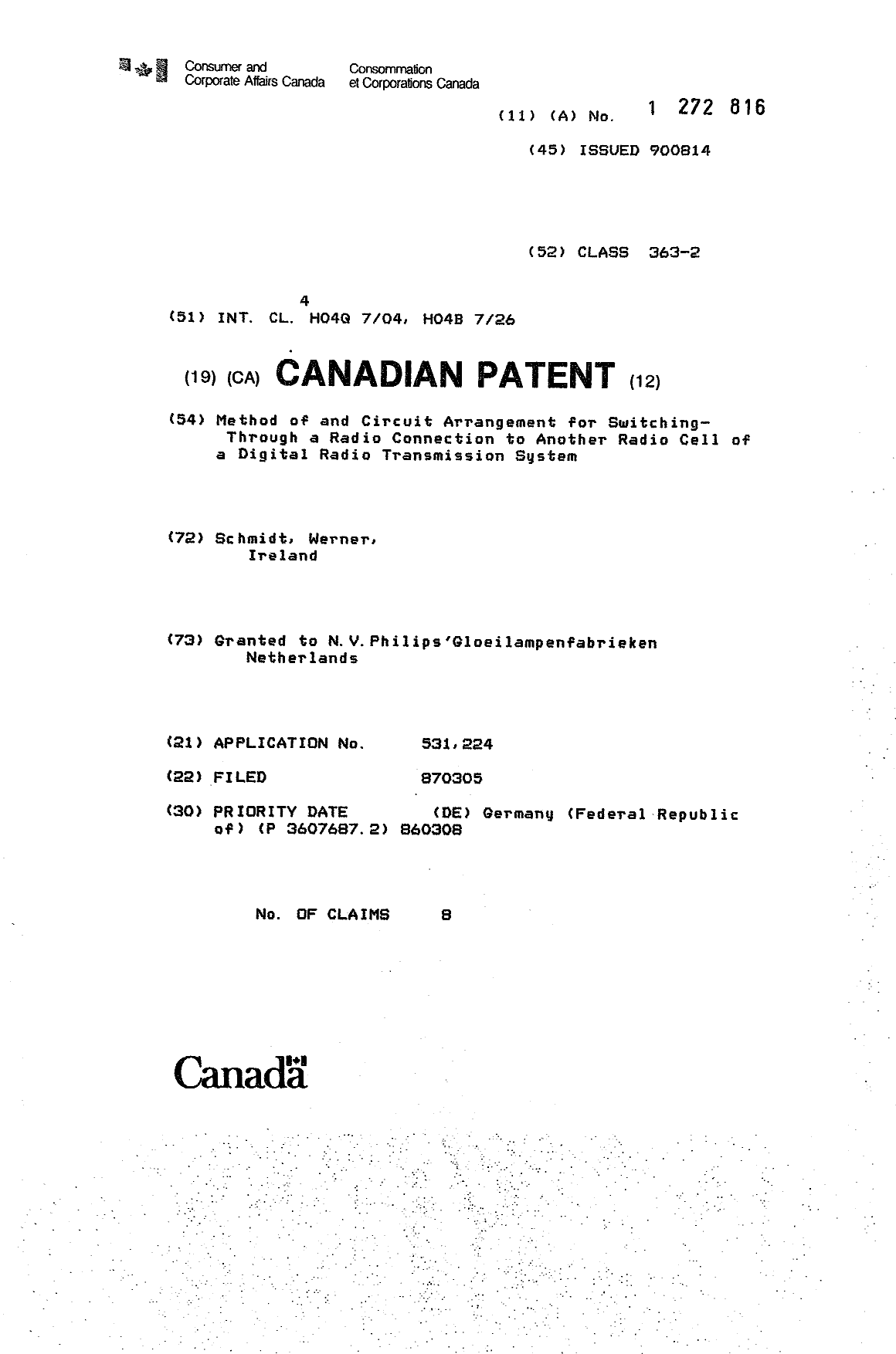 Document de brevet canadien 1272816. Page couverture 19931008. Image 1 de 1