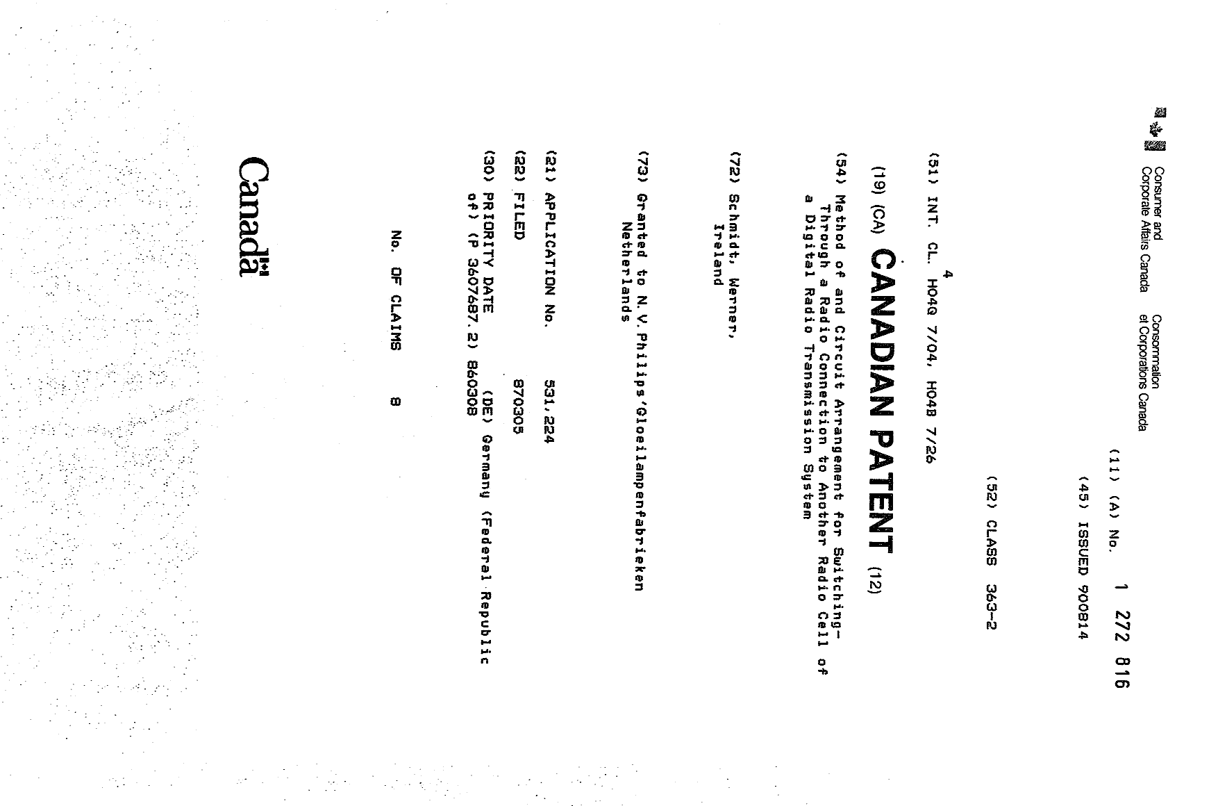 Canadian Patent Document 1272816. Cover Page 19931008. Image 1 of 1