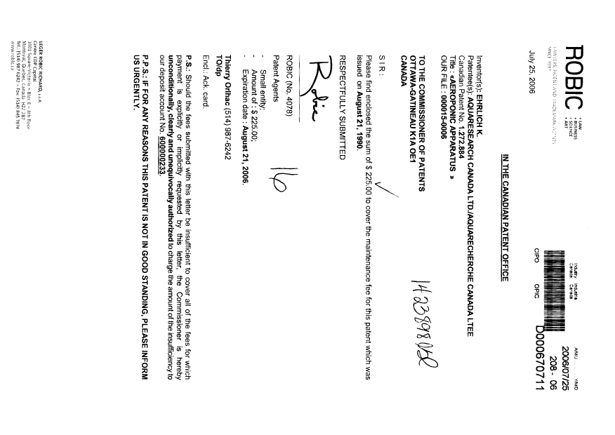Document de brevet canadien 1272884. Taxes 20060725. Image 1 de 1