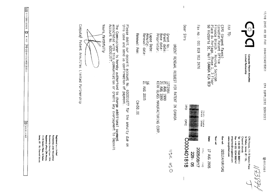 Document de brevet canadien 1272984. Taxes 20050817. Image 1 de 1