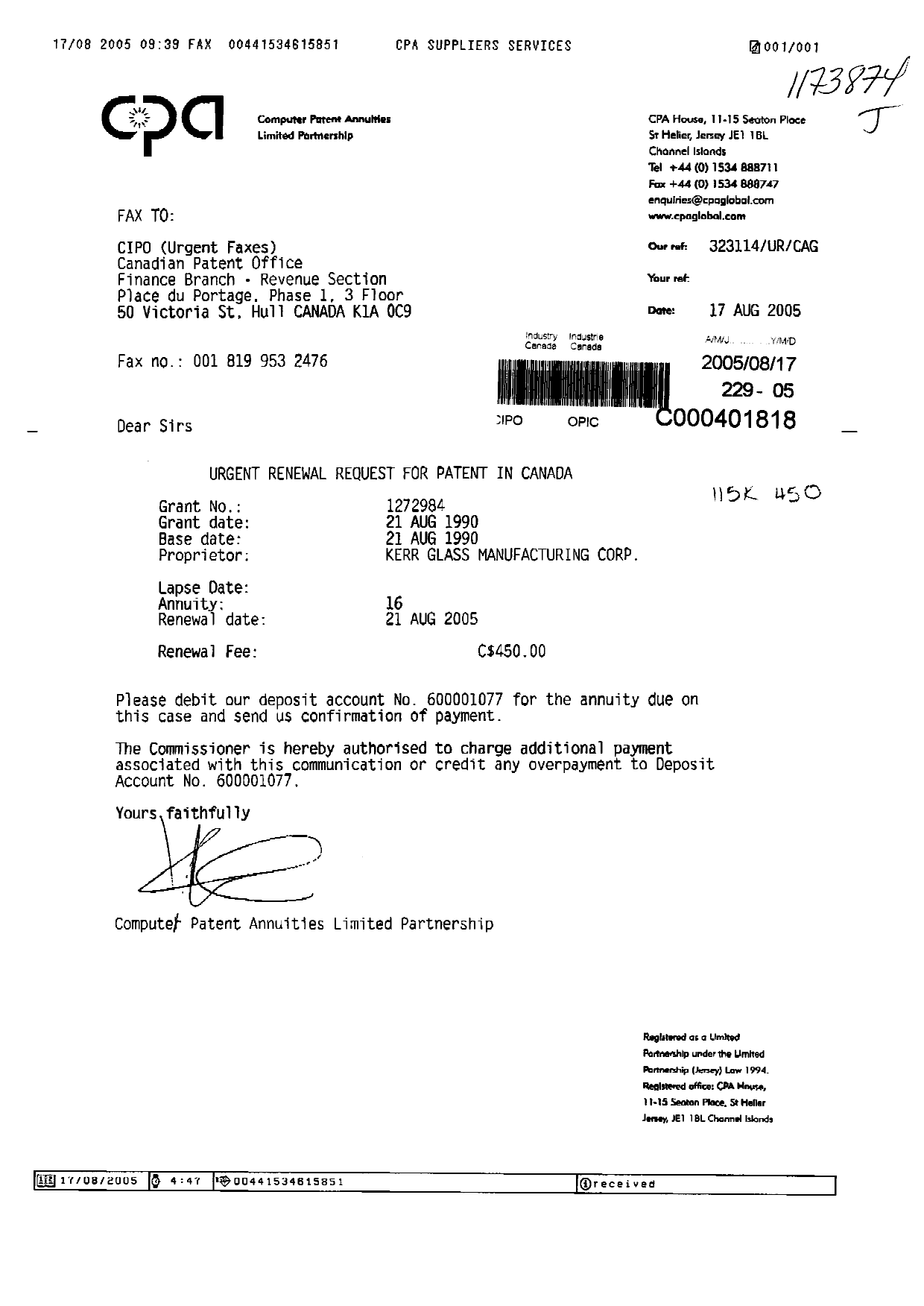Canadian Patent Document 1272984. Fees 20050817. Image 1 of 1