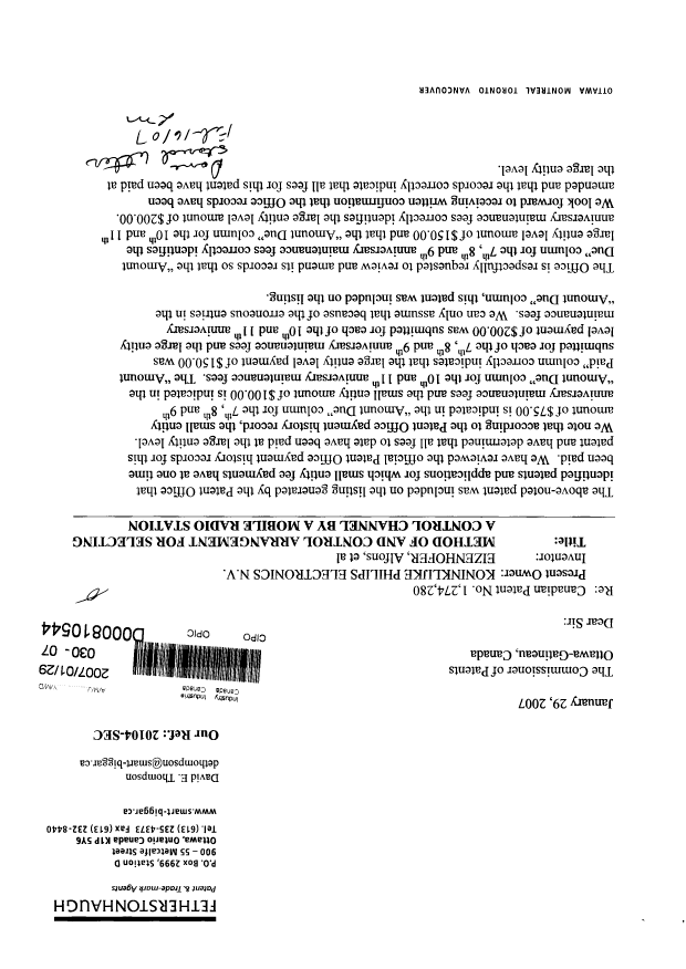 Document de brevet canadien 1274280. Correspondance 20070129. Image 1 de 2