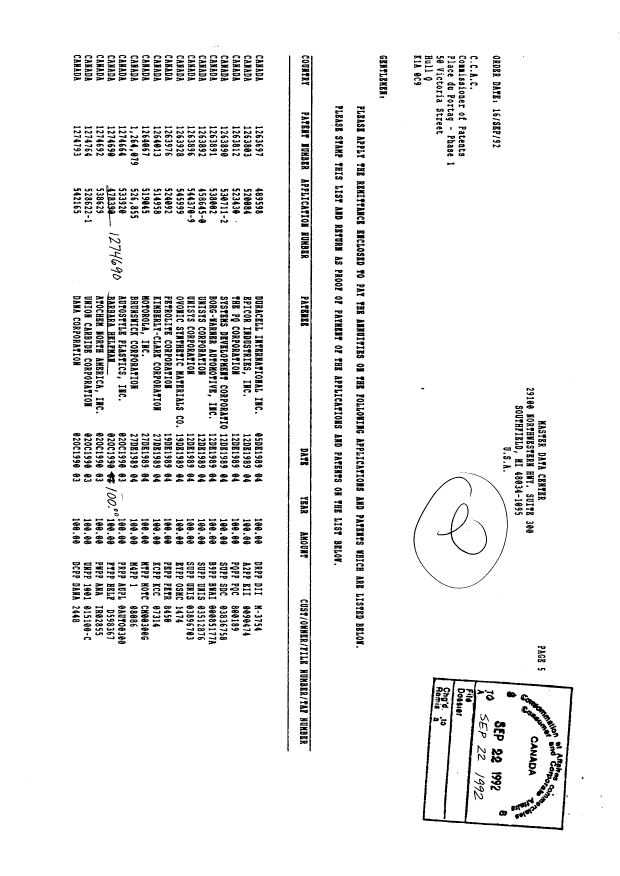 Document de brevet canadien 1274690. Taxes 19920922. Image 1 de 1