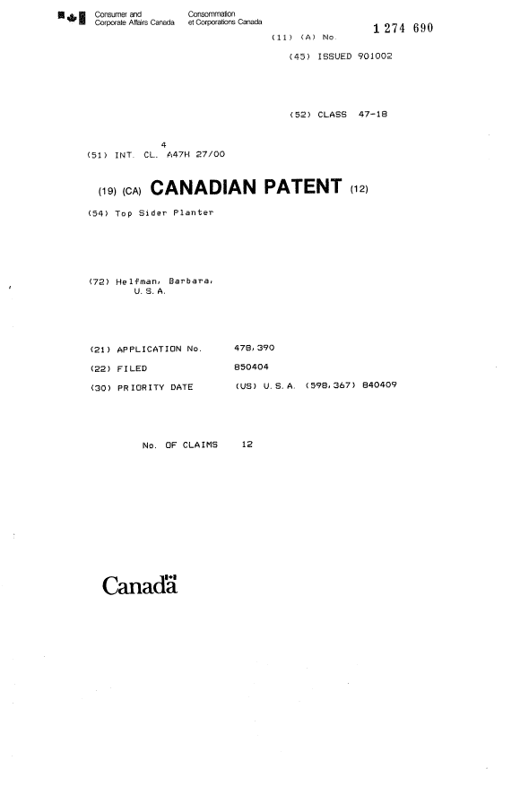 Document de brevet canadien 1274690. Page couverture 19931013. Image 1 de 1