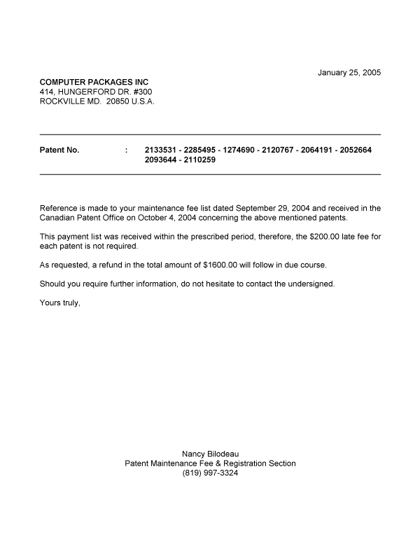 Document de brevet canadien 1274690. Correspondance 20050125. Image 1 de 1