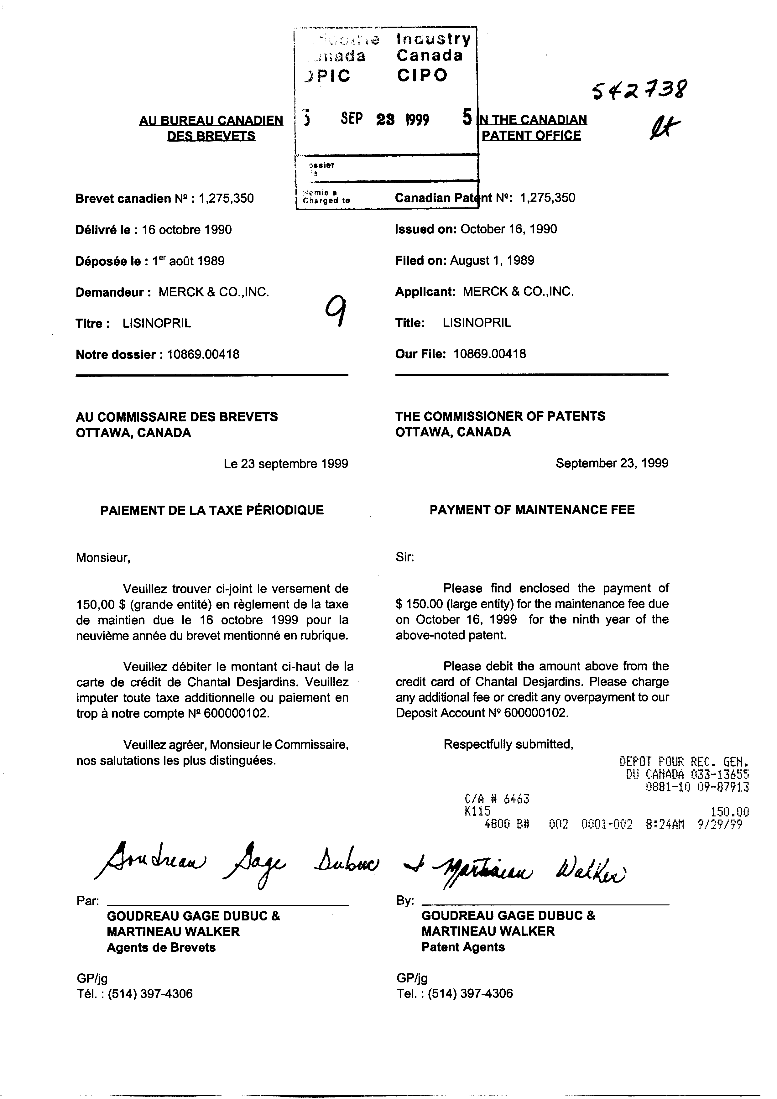 Document de brevet canadien 1275350. Taxes 19981223. Image 1 de 1