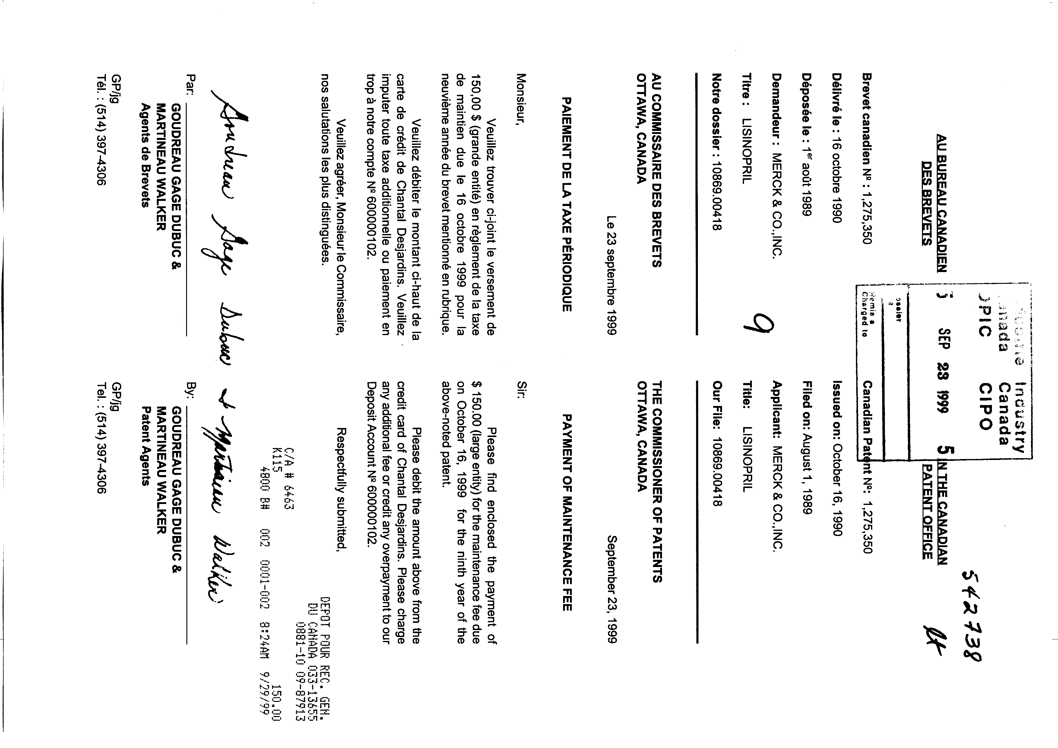 Canadian Patent Document 1275350. Fees 19981223. Image 1 of 1