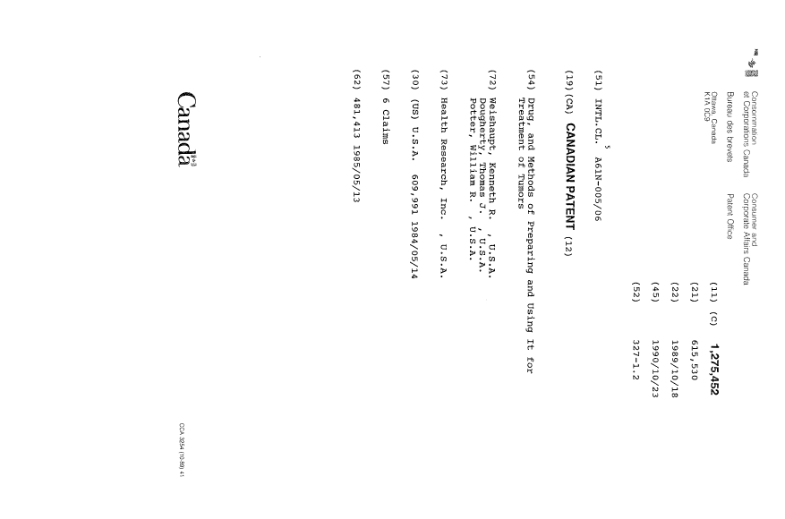 Document de brevet canadien 1275452. Page couverture 19931013. Image 1 de 1