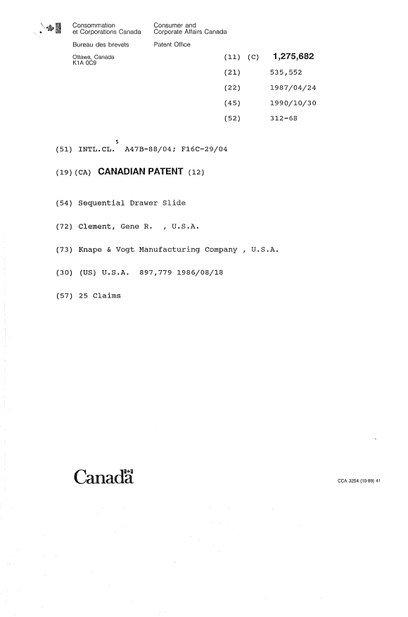 Canadian Patent Document 1275682. Cover Page 19931018. Image 1 of 1
