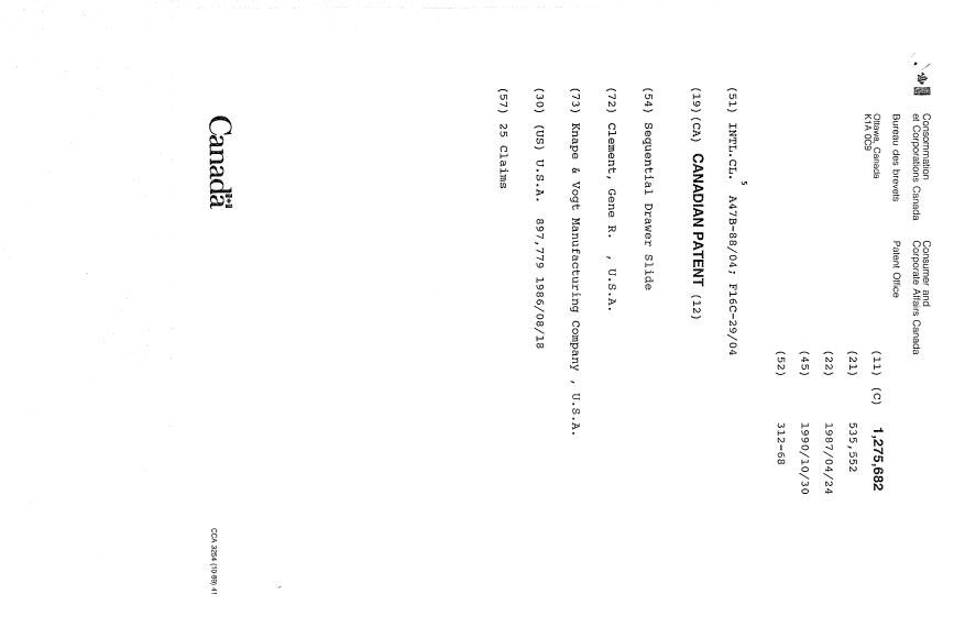 Document de brevet canadien 1275682. Page couverture 19931018. Image 1 de 1