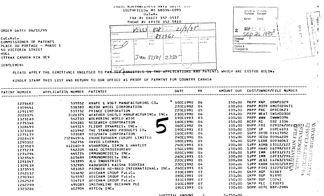Document de brevet canadien 1275682. Taxes 19950920. Image 1 de 1