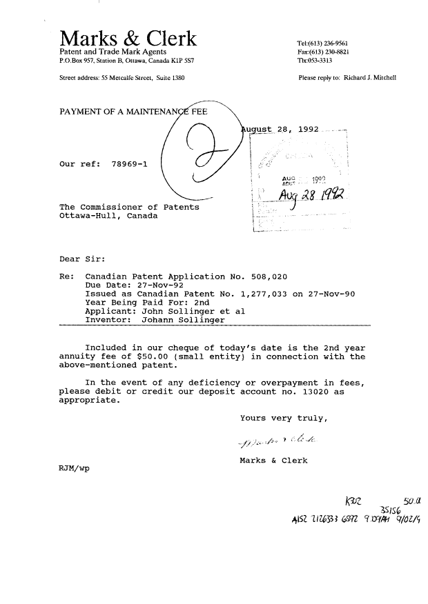 Document de brevet canadien 1277033. Taxes 19920828. Image 1 de 1