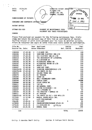 Document de brevet canadien 1279124. Taxes 19930111. Image 1 de 1