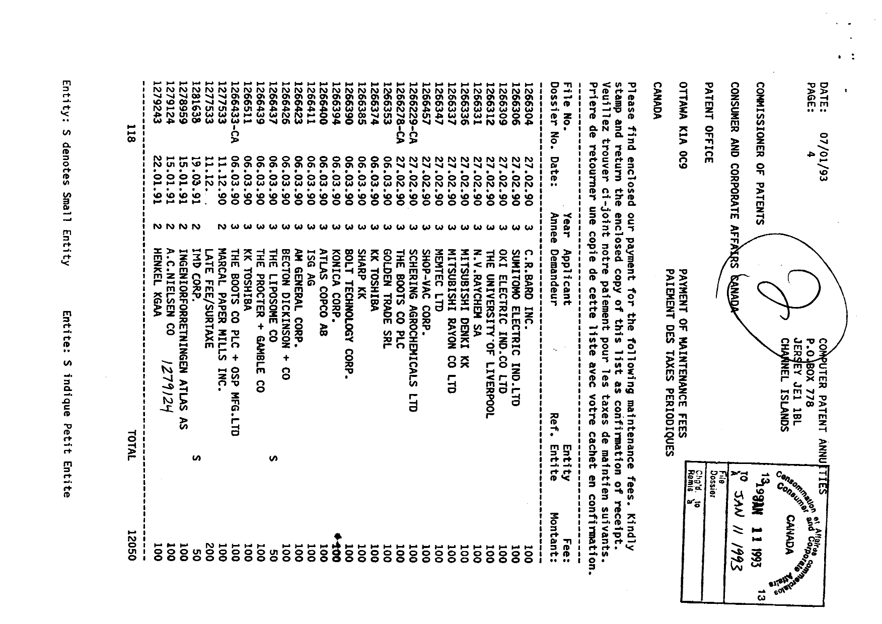 Canadian Patent Document 1279124. Fees 19930111. Image 1 of 1