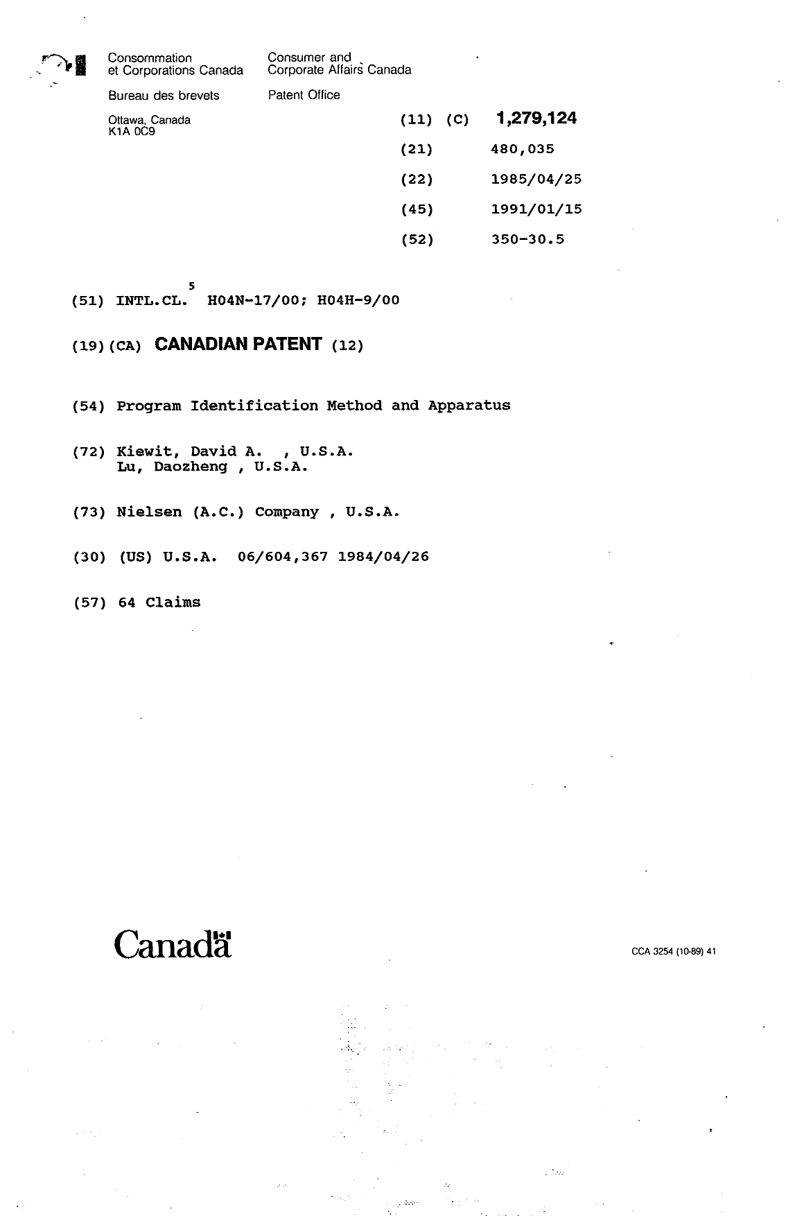 Canadian Patent Document 1279124. Cover Page 19931015. Image 1 of 1