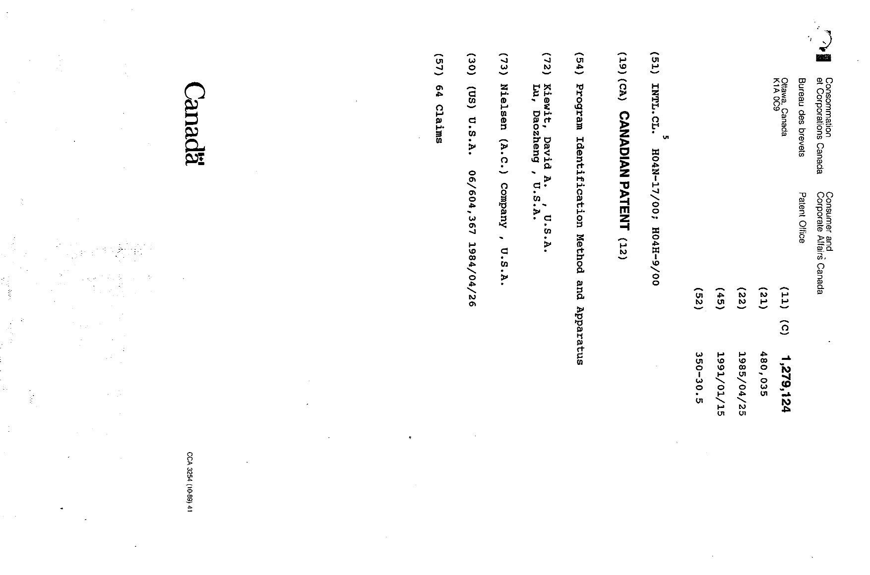 Document de brevet canadien 1279124. Page couverture 19931015. Image 1 de 1
