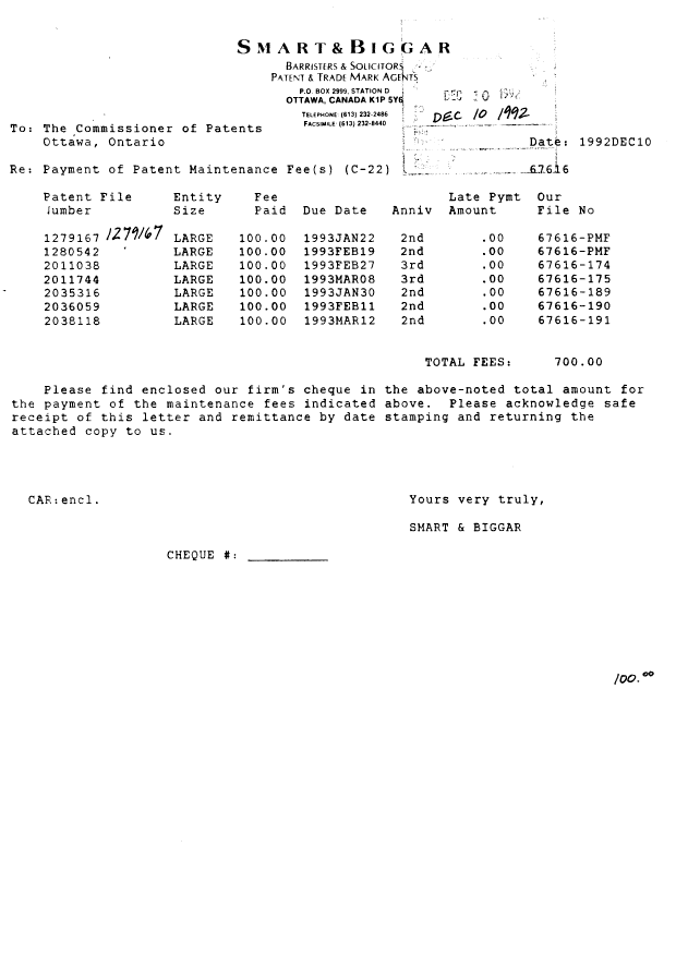 Document de brevet canadien 1279167. Taxes 19921210. Image 1 de 1