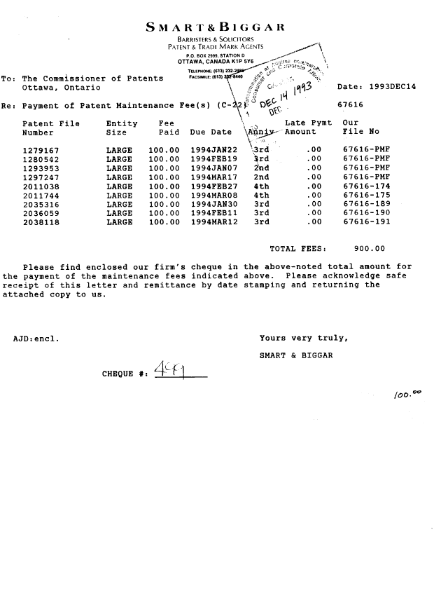 Canadian Patent Document 1279167. Fees 19931214. Image 1 of 1