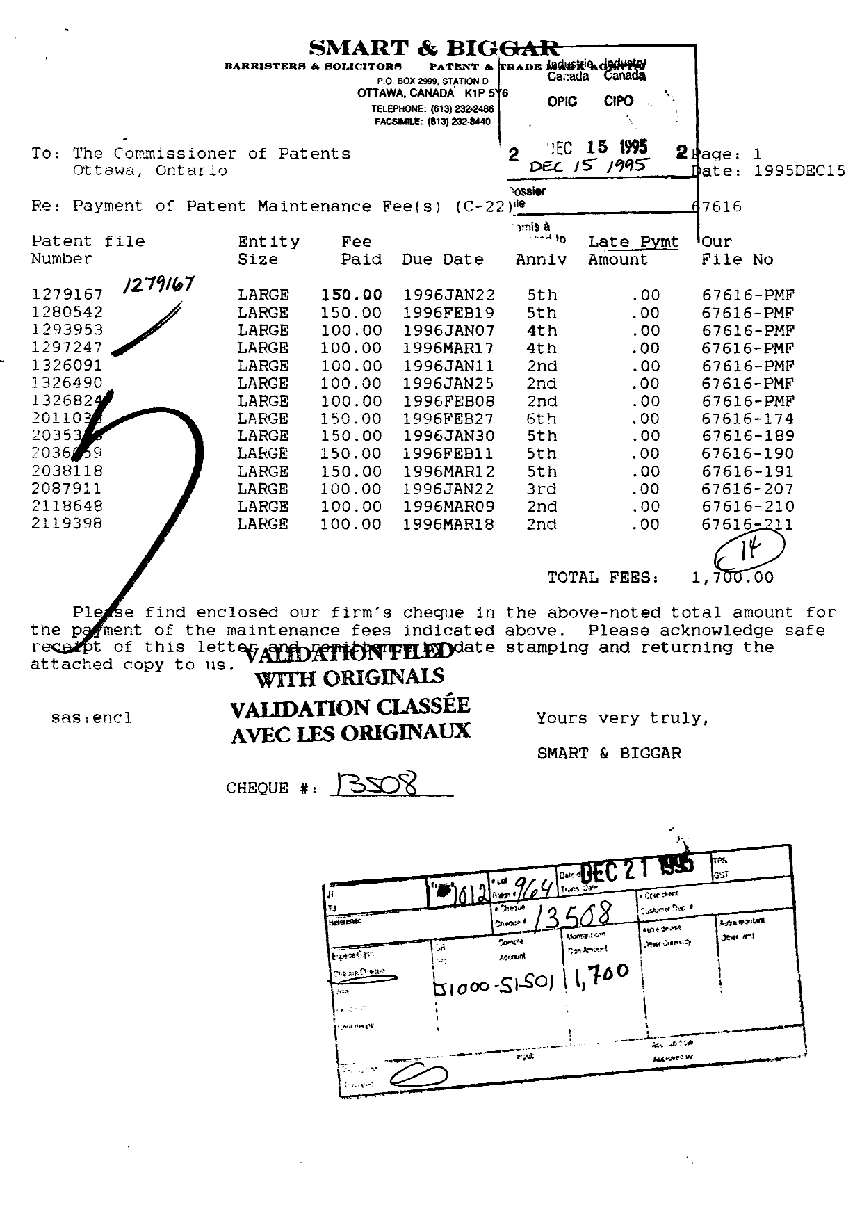 Document de brevet canadien 1279167. Taxes 19951215. Image 1 de 1