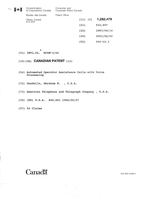 Document de brevet canadien 1282479. Page couverture 19931019. Image 1 de 1