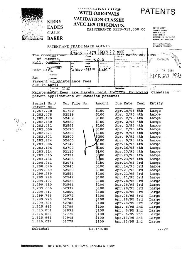 Document de brevet canadien 1282479. Taxes 19950320. Image 1 de 1