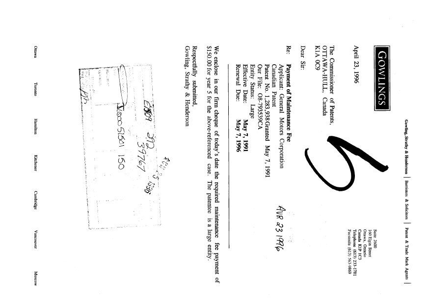 Document de brevet canadien 1283938. Taxes 19960423. Image 1 de 1