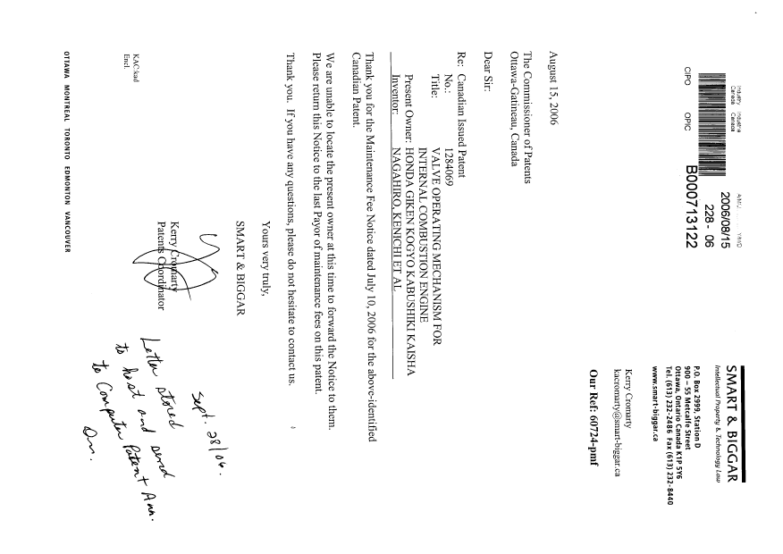 Document de brevet canadien 1284069. Correspondance 20060815. Image 1 de 2