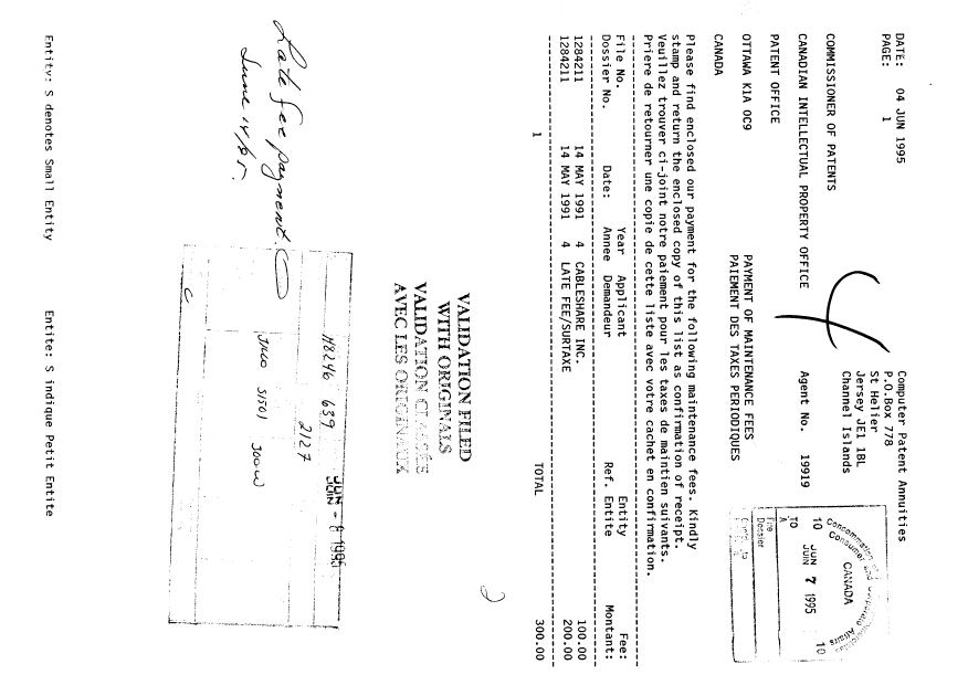 Document de brevet canadien 1284211. Taxes 19950607. Image 1 de 1