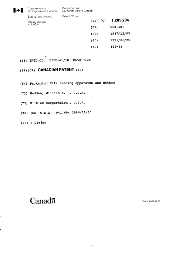 Document de brevet canadien 1285204. Page couverture 19931020. Image 1 de 1