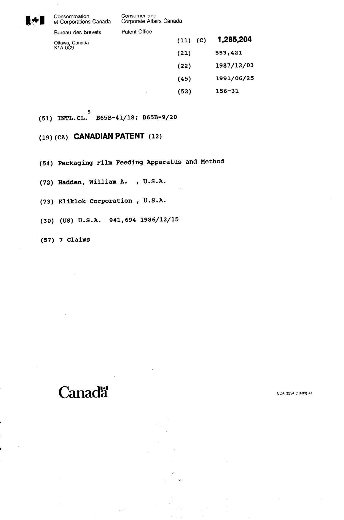 Canadian Patent Document 1285204. Cover Page 19931020. Image 1 of 1