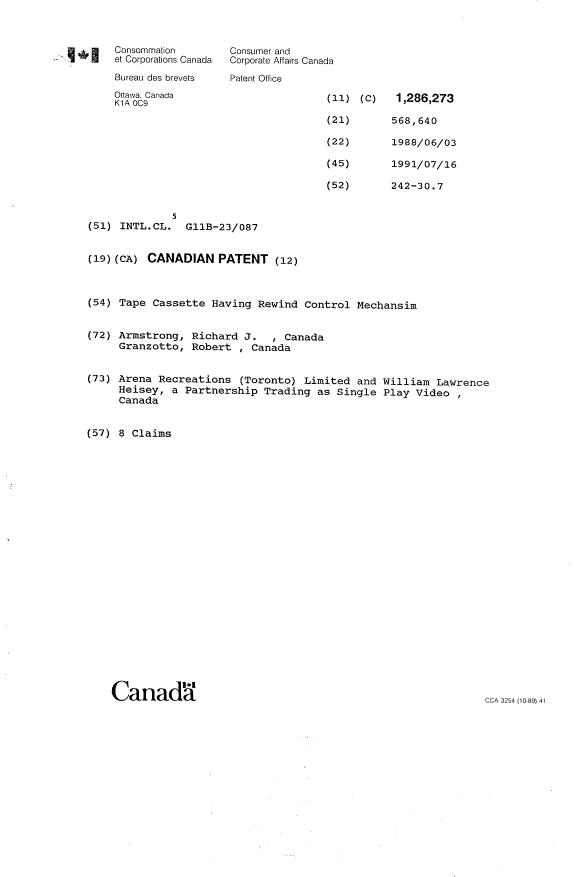 Canadian Patent Document 1286273. Cover Page 19931021. Image 1 of 1