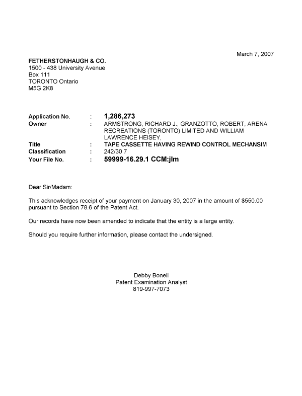 Document de brevet canadien 1286273. Correspondance 20070307. Image 1 de 1