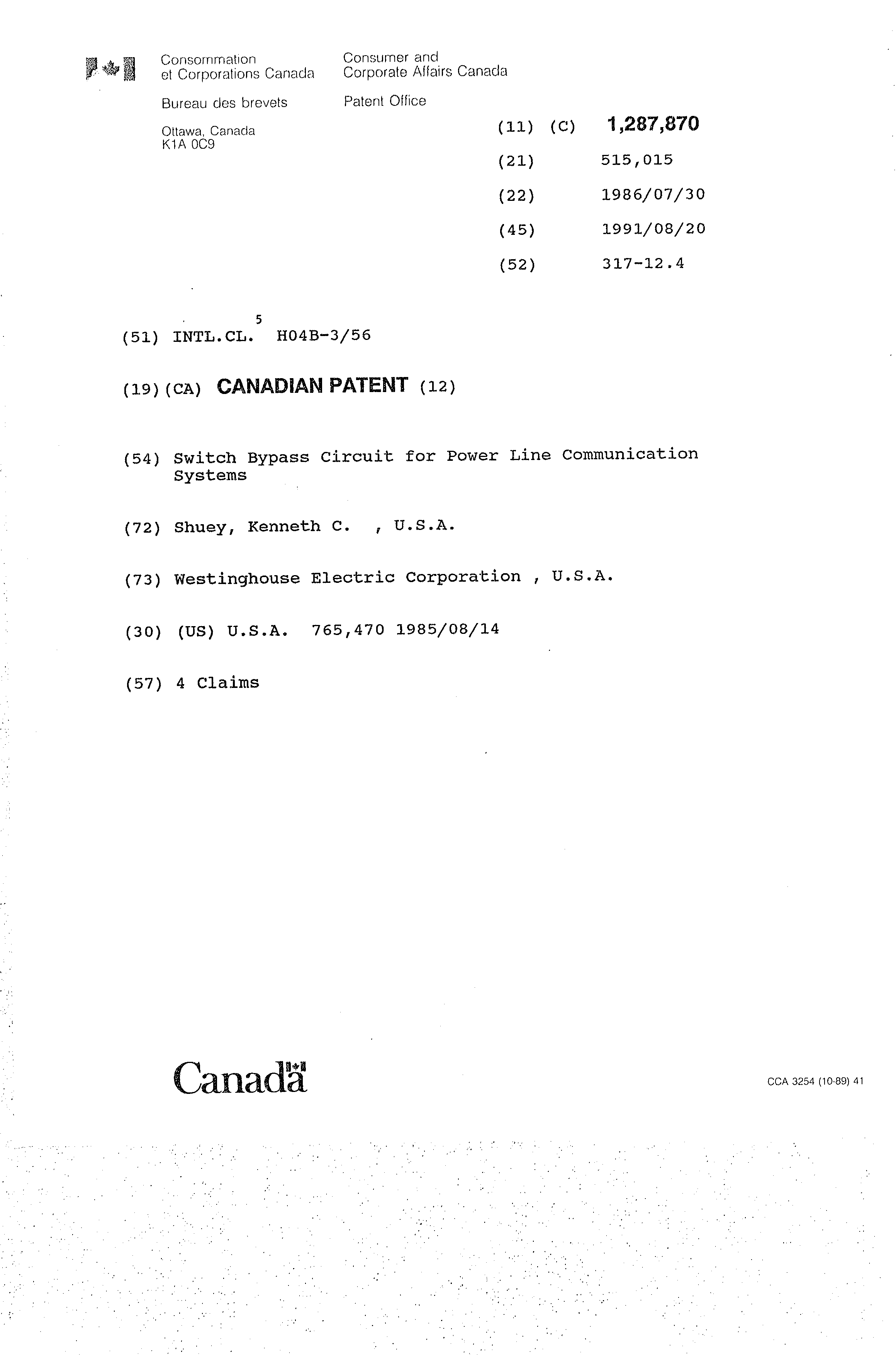 Document de brevet canadien 1287870. Page couverture 19931021. Image 1 de 1
