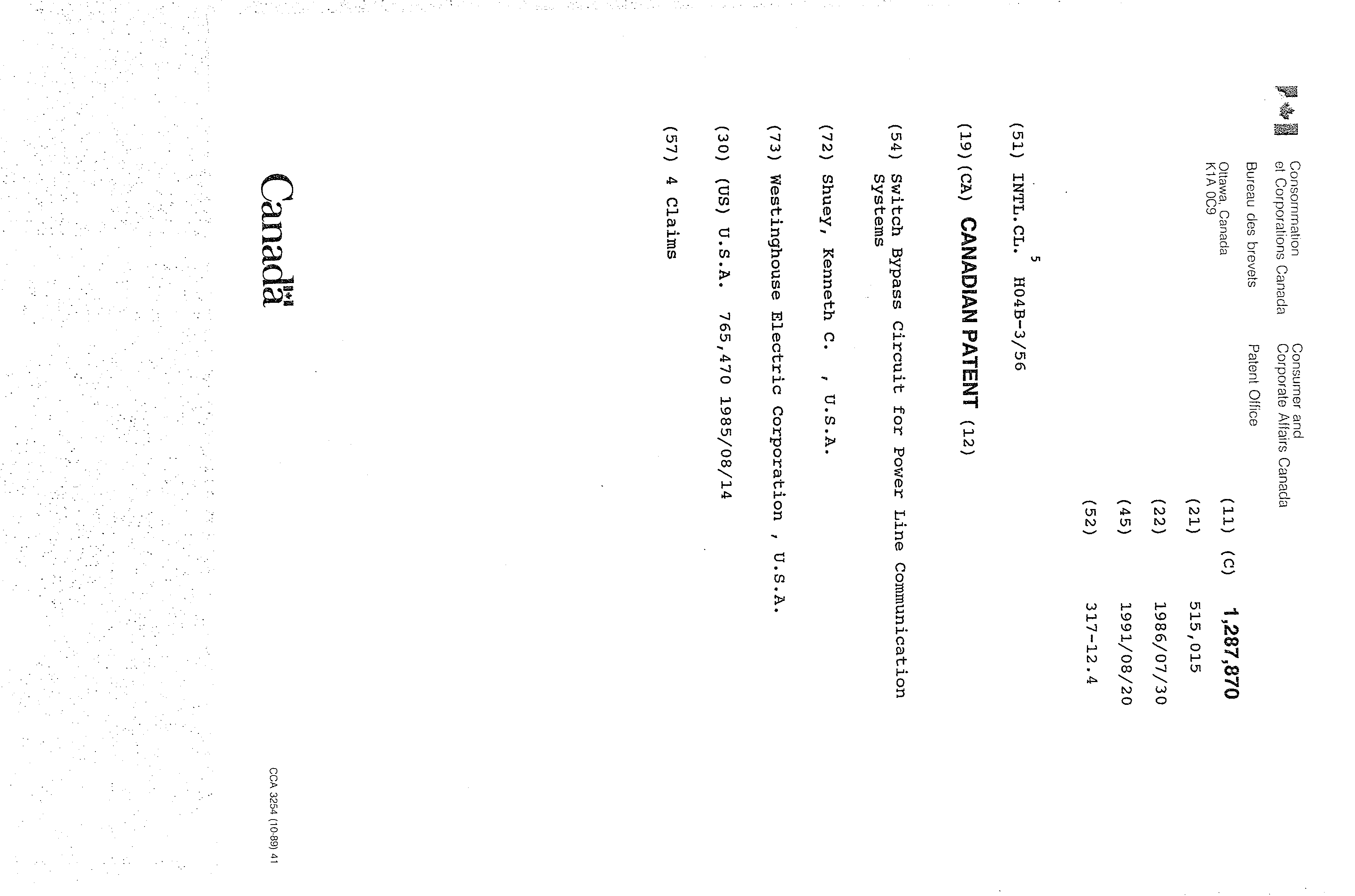 Canadian Patent Document 1287870. Cover Page 19931021. Image 1 of 1