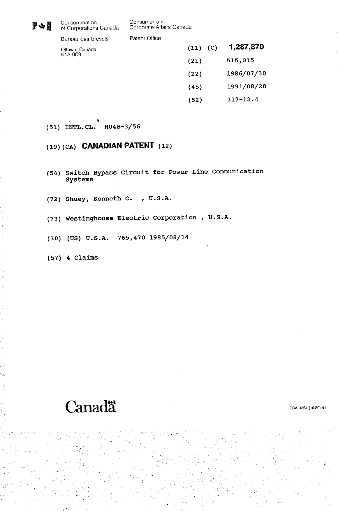 Document de brevet canadien 1287870. Page couverture 19931021. Image 1 de 1
