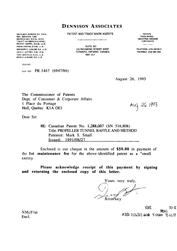 Document de brevet canadien 1288007. Taxes 19930826. Image 1 de 1