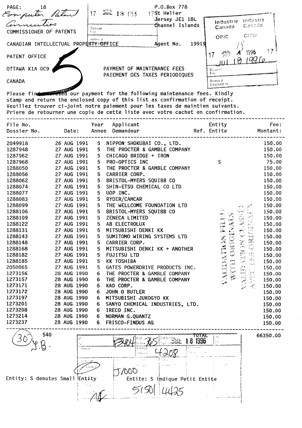 Document de brevet canadien 1288143. Taxes 19960718. Image 1 de 1