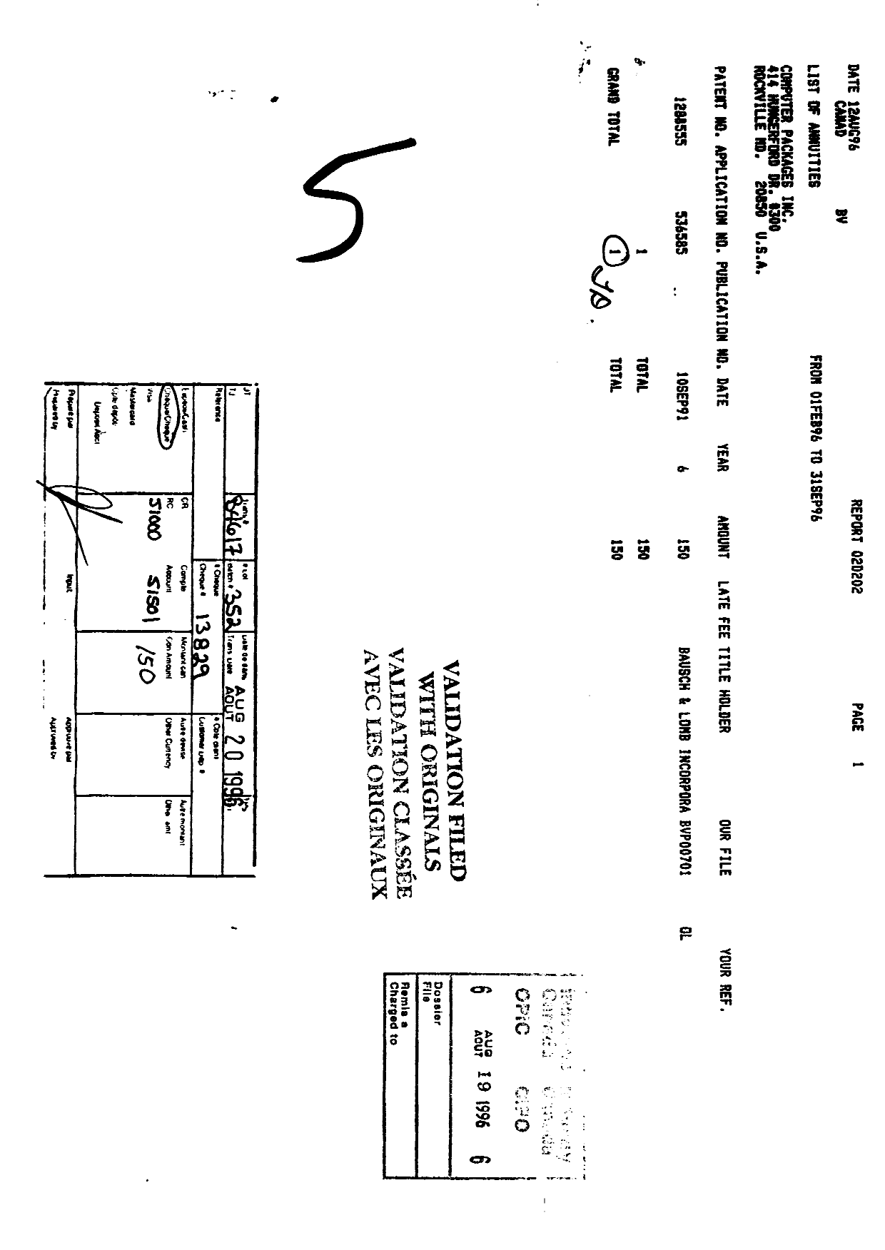 Document de brevet canadien 1288555. Taxes 19960819. Image 1 de 1