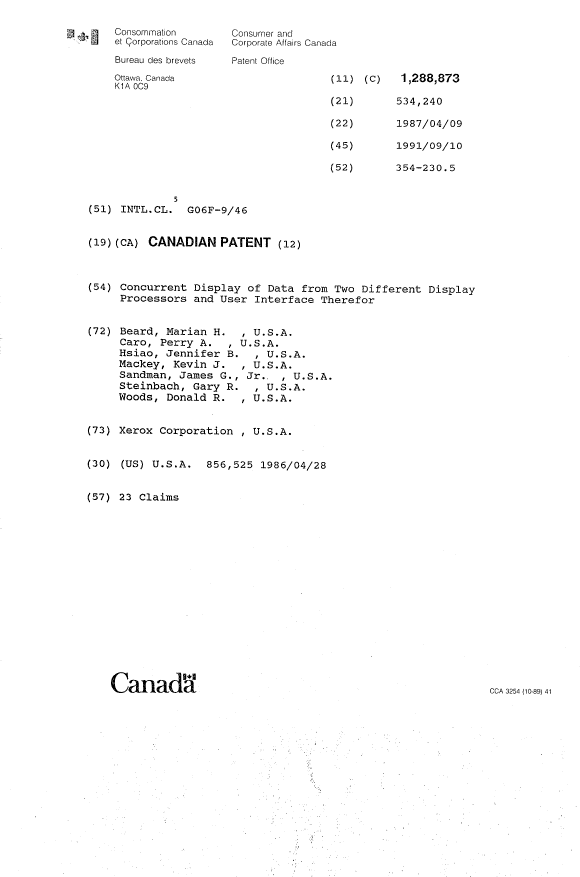 Canadian Patent Document 1288873. Cover Page 19931022. Image 1 of 1