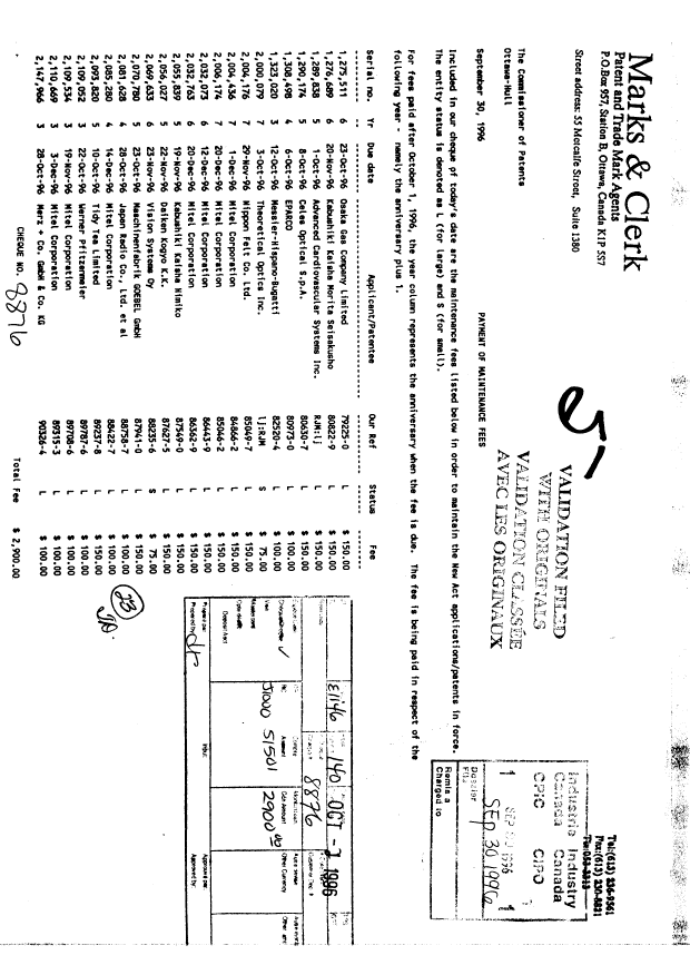 Document de brevet canadien 1289838. Taxes 19960930. Image 1 de 1