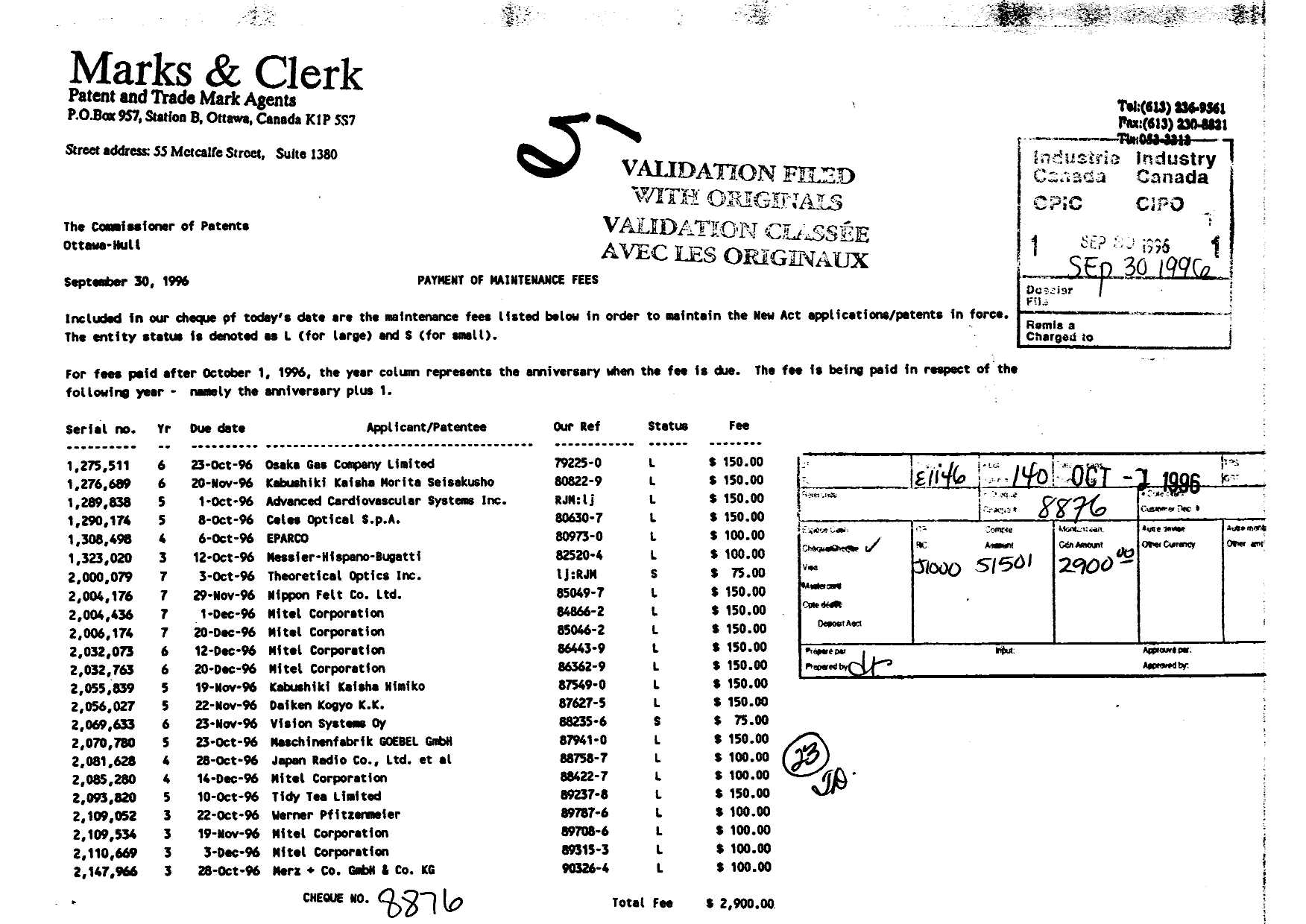 Document de brevet canadien 1289838. Taxes 19960930. Image 1 de 1