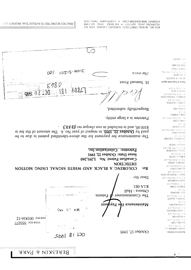 Document de brevet canadien 1291260. Taxes 19941218. Image 1 de 1
