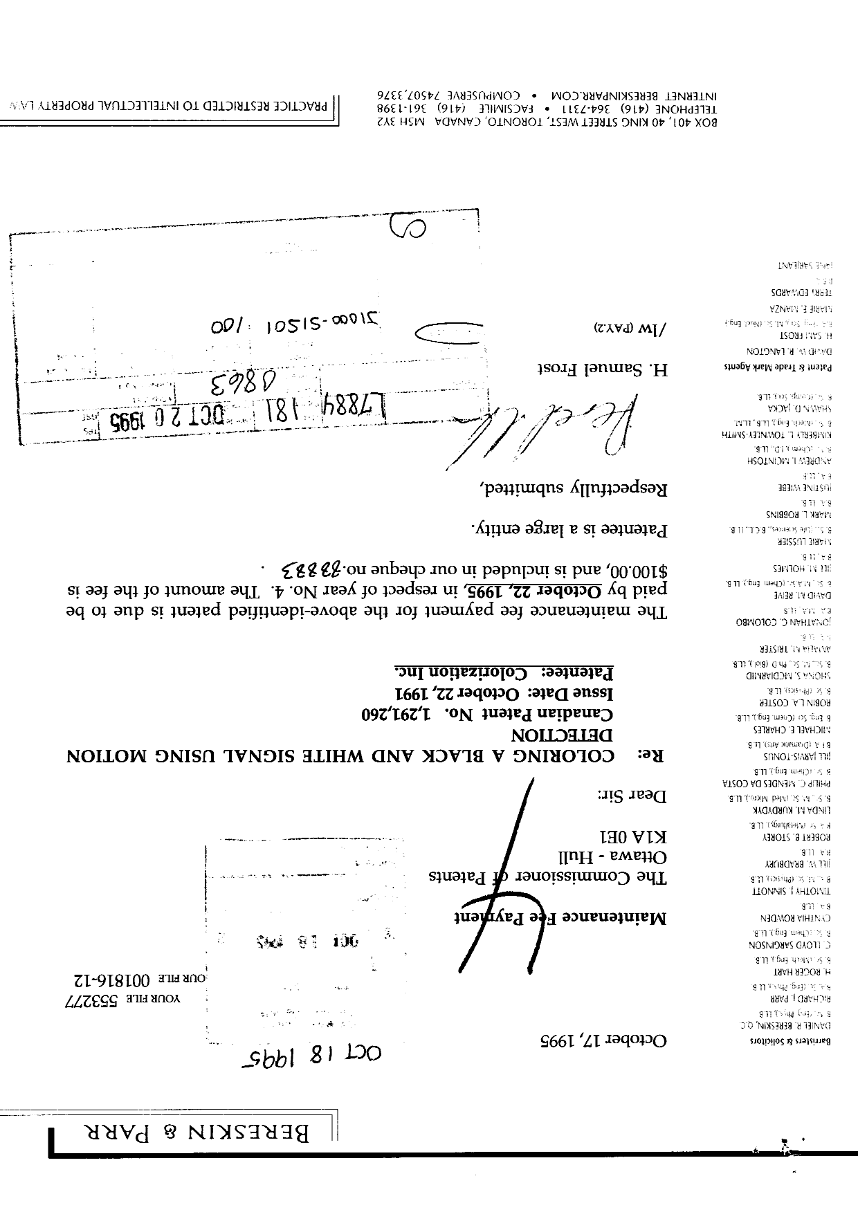 Canadian Patent Document 1291260. Fees 19941218. Image 1 of 1