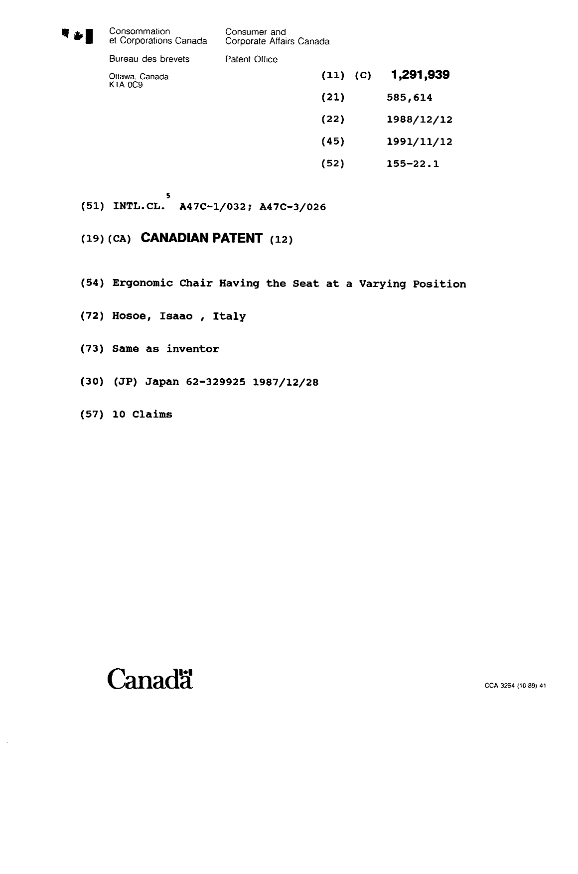 Document de brevet canadien 1291939. Page couverture 19931030. Image 1 de 1