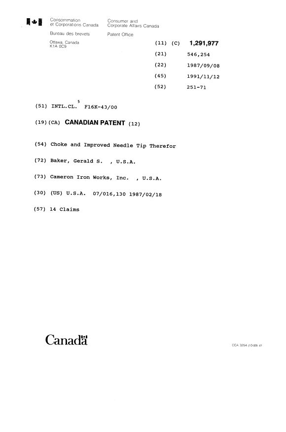 Canadian Patent Document 1291977. Cover Page 19931030. Image 1 of 1