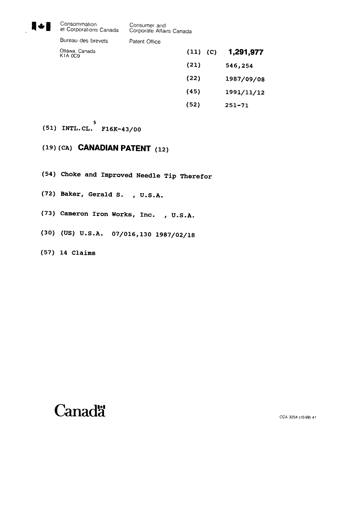 Document de brevet canadien 1291977. Page couverture 19931030. Image 1 de 1