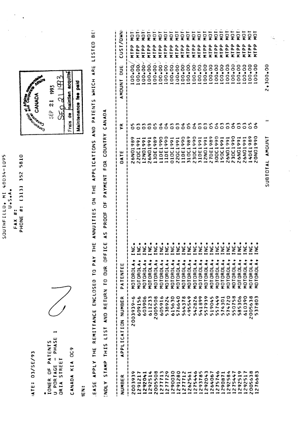 Document de brevet canadien 1292041. Taxes 19930921. Image 1 de 1