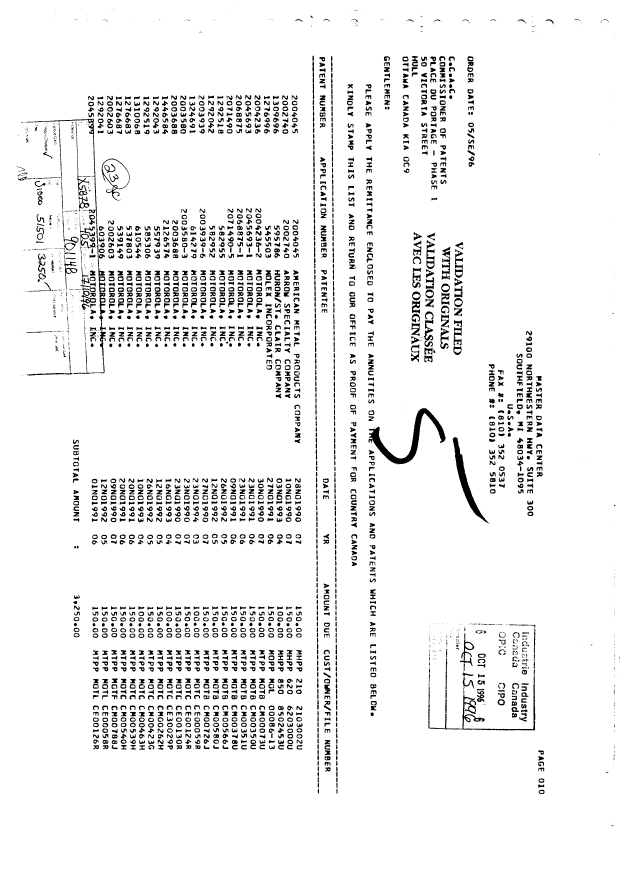 Document de brevet canadien 1292041. Taxes 19961015. Image 1 de 1