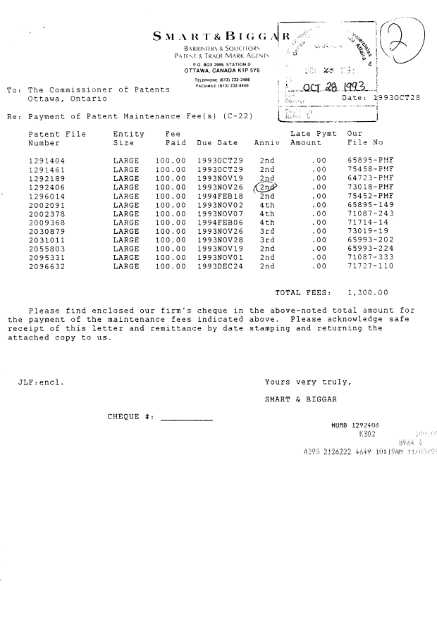 Document de brevet canadien 1292406. Taxes 19931028. Image 1 de 1