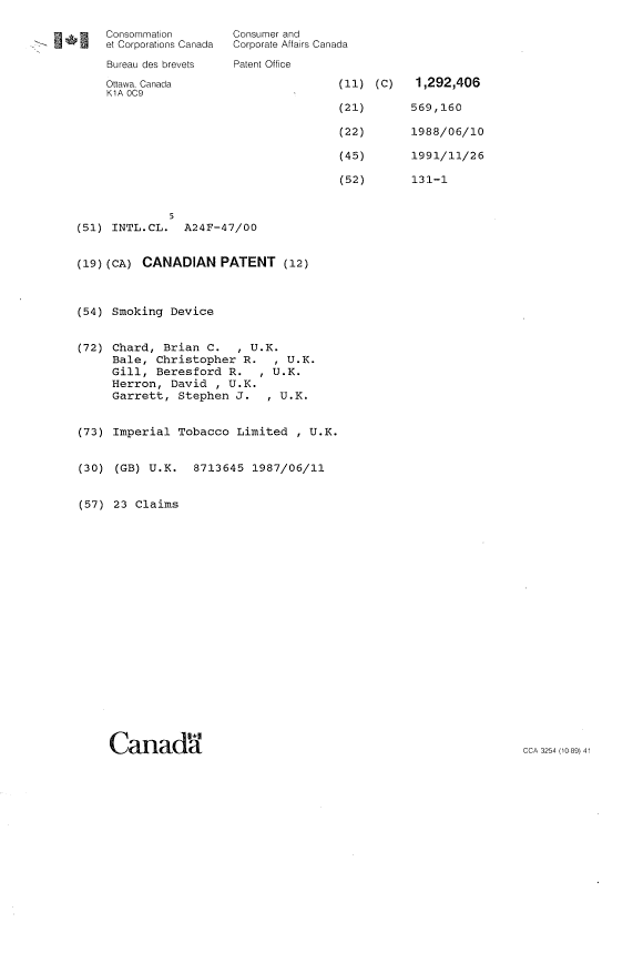 Document de brevet canadien 1292406. Page couverture 19931109. Image 1 de 1